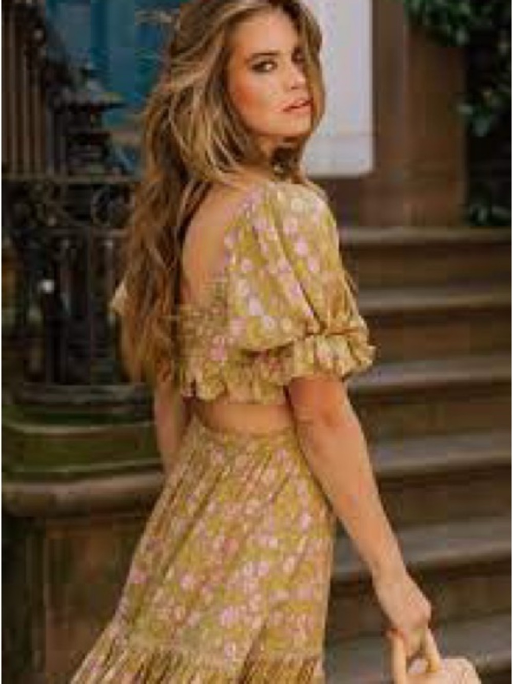 Spell Two-Piece Floral Tiered Maxi Skirt Set in Dahlia green w gold - Picture 3 of 4